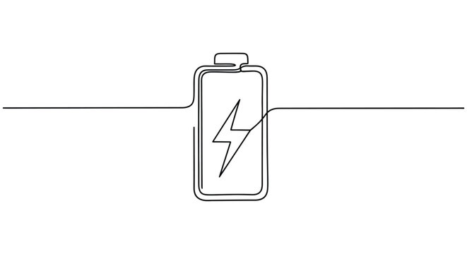 Battery level indicator with lightning bolt, single line art, technology concept
