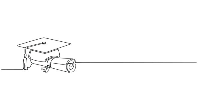 Graduation cap and diploma scroll, single line art, minimalist, education concept