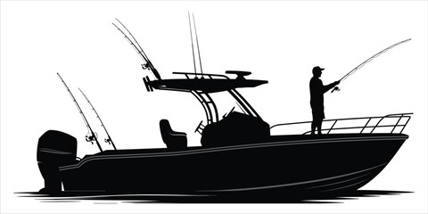 Silhouette of a Fishing Boat with a Fisherman Casting a Line on White Background fishing rod