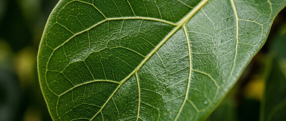 Obraz premium Extreme close-up of fresh tropical leaf showing intricate vein structure and organic texture. Premium botanical background ideal for eco branding, wellness, sustainability, and natural product packagi