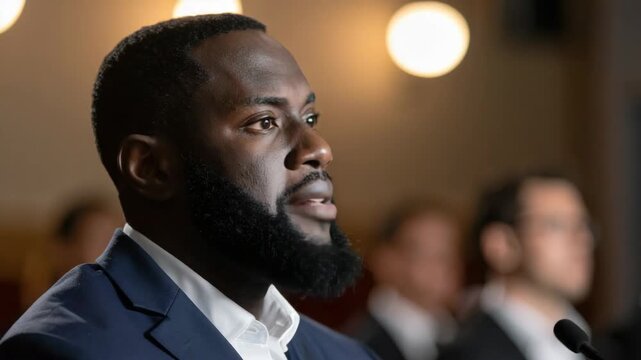 Focused Black professional delivering a speech at a business meeting