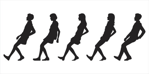 Five black silhouette figures of people sitting or leaning in profile on a white background Keywords: people, silhouettes