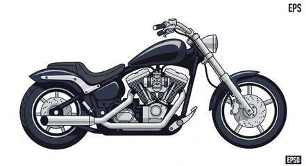 Classic Black Cruiser Motorcycle Side View Illustration. © Rahmad