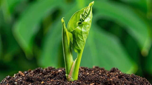 A vibrant green plant sprout emerges from rich soil, symbolizing new beginnings.