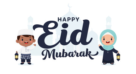 A vibrant Flat Design illustration showcasing two adorable cartoon children celebrating Eid, standing beside prominent 'Eid Mubarak' typography. 