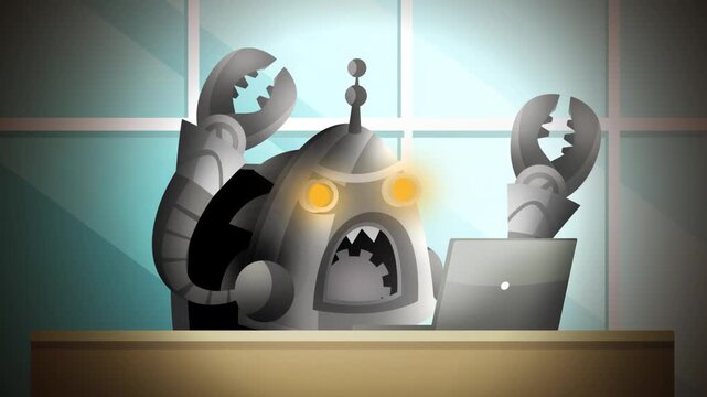 angry troll robot with pincers using laptop
