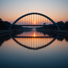 Fototapeta premium Symmetrical arched bridge reflection on tranquil water at dusk International Day of Multilateralism and Diplomacy for Peace