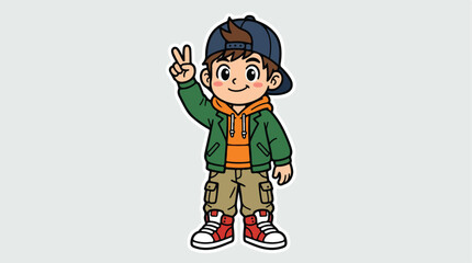 Naklejka premium Cute Cartoon Boy Wearing a Cap and Jacket Showing Peace Sign.