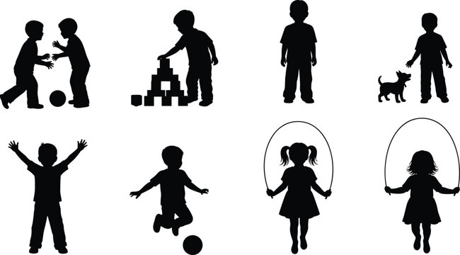 Black silhouettes of children playing with blocks, jumping rope, kicking ball, and walking dog isolated on a white background vector.