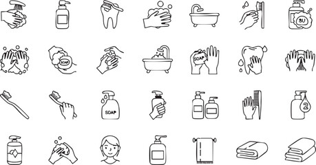 Naklejka premium Black and white line of various bathroom hygiene and line black and white toothbrush