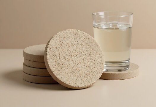 Natural coasters and glass of water on a light-colored surface. coasters mockup