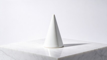 Fototapeta premium Minimalist White Ceramic Cone On Marble CubeModern Abstract Geometric ShapeStudio Product PhotographyClean BackgroundDesign ElementArtistic ObjectContemporary DecorSimple
