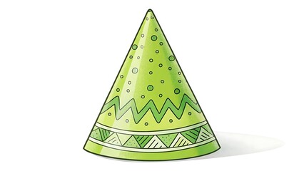 A green party hat with a festive pattern