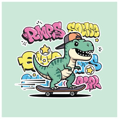 Cartoon Dinosaur Riding Skateboard with Baseball Cap. © Muhammad