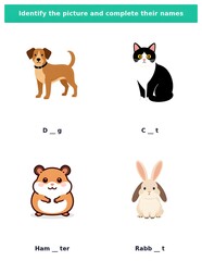 Obraz premium Pets and Farm Animals Learning Page Complete the word printable spelling practice page