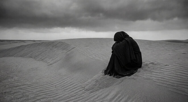 Lone woman in black sitting in vast lut desert landscape overcast sky