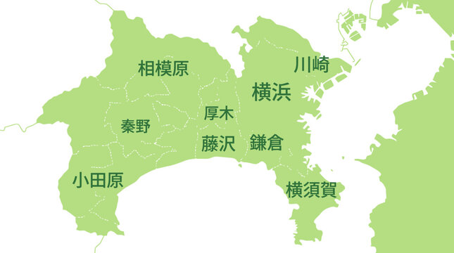 Kanagawa Prefecture (Japan) Detailed Map with City Names in Japanese: Yokohama, Kawasaki, Sagamihara, Yokosuka, Fujisawa, Kamakura, Atsugi, Odawara.