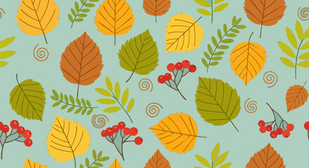 Obraz premium Autumn Leaves and Berries Seamless Pattern Vector Background