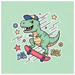 Cartoon Dinosaur Riding Skateboard with Hat. © Raisa