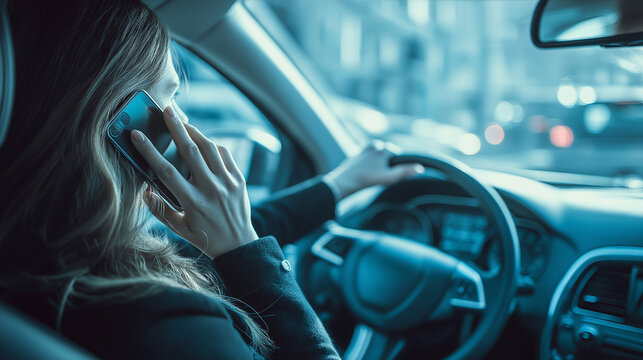 Woman holding a mobile phone to her ear, engaging in a conversation while driving a car, clearly demonstrating distracted driving and a lack of focus on the road