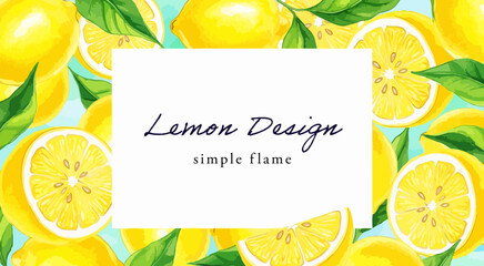 水彩タッチのレモンと葉で囲まれた爽やかな背景フレーム｜黄色い柑橘類が印象的な、夏・飲料・食品デザイン向けの余白付き素材