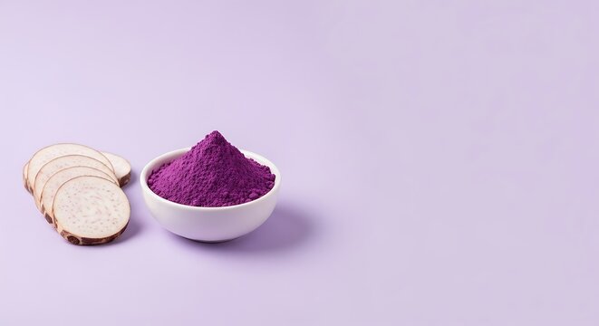Vibrant Purple Sweet Potato Powder and Sliced Root on a Pastel Background.