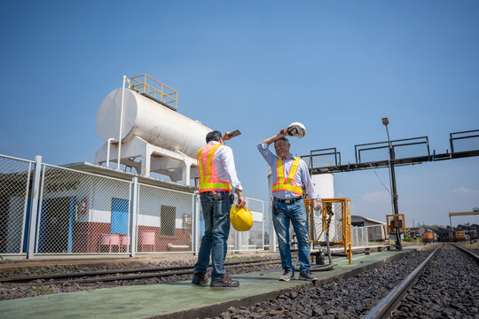 Tired industrial workers taking a break and wiping sweat in hot sunny weather, Railway engineers discussing outdoor projects, Workers relaxing after heavy duty at industrial rail terminal