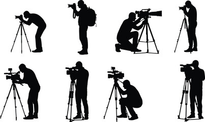 Black silhouettes of professional photographers and videographers with cameras and tripods in various shooting poses isolated on white background vector © Khadija