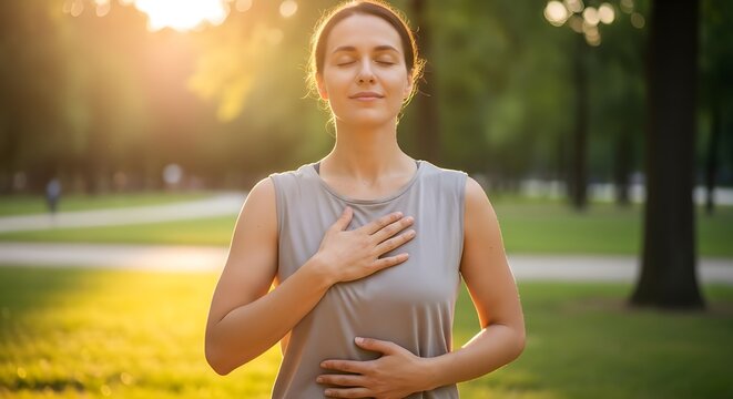 Fitness, mujer y yoga respirando relajaci&oacute;n para el bienestar espiritual, el bienestar mental o el ejercicio tranquilo en la naturaleza.
 Mujer relaj&aacute;ndose, haciendo ejercicio y entrenando en activida