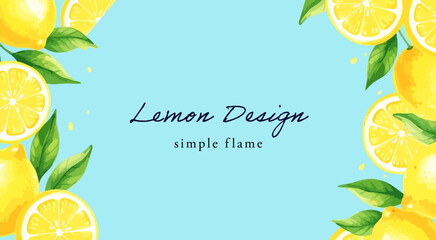 水彩タッチのレモンと葉で囲まれた爽やかな夏背景フレーム｜水色ベースで清涼感のある、飲料・食品・広告向け余白デザイン素材