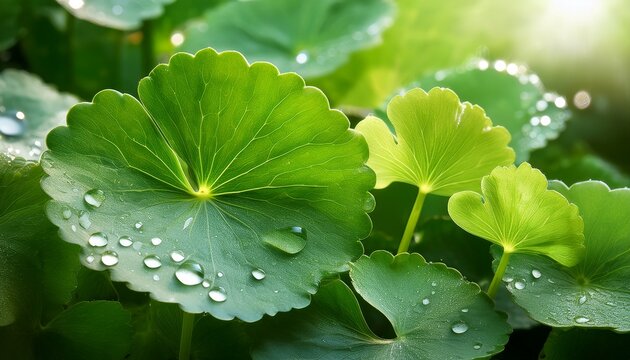 Close Up Of Green Gotu Kola Leaves With Water Droplets Sparkling In Natural Light Symbolizing Freshness And Purity