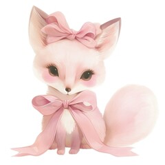 Fototapeta premium A fox tied with ribbon illustration animal pink.