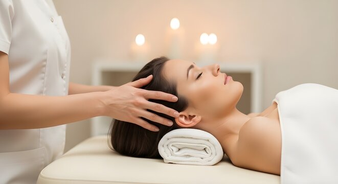 Restaura el equilibrio de todo tu cuerpo y mente.
 Toma recortada de una mujer joven disfrutando de un masaje en la cabeza en un spa.