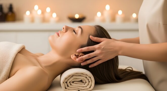 Restaura el equilibrio de todo tu cuerpo y mente.
 Toma recortada de una mujer joven disfrutando de un masaje en la cabeza en un spa.