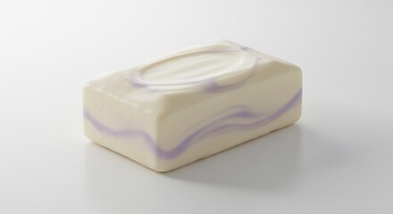 Pure white soap bar with delicate purple swirls captured with a serene minimalist aesthetic for daily hygiene. AI Generated