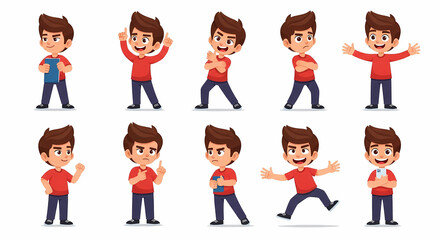 Cartoon boy in various dynamic poses and gestures.