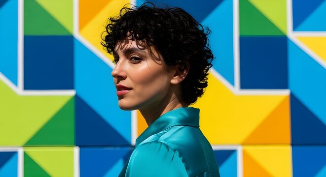 Mujer joven sonriente frente a una pared colorida