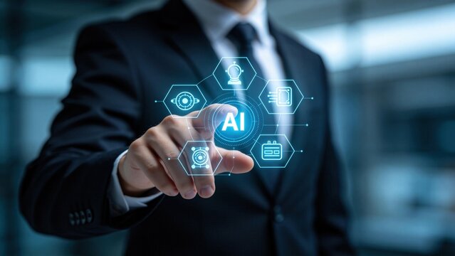 Business professional pressing virtual AI interface on transparent screen,artificial intelligence technology concept for digital transformation,data analytics and smart automation solutions