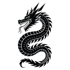 Fototapeta premium Coiled dragon tribal style illustration in black and white showcasing intricate details, jagged scales, segmented underbelly and dramatic mythical design