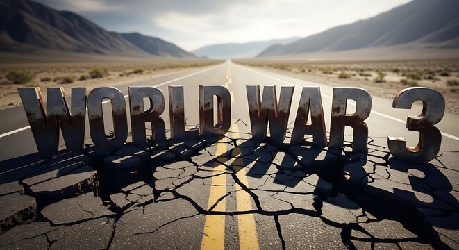 World War 3 text on cracked road conflict concept.