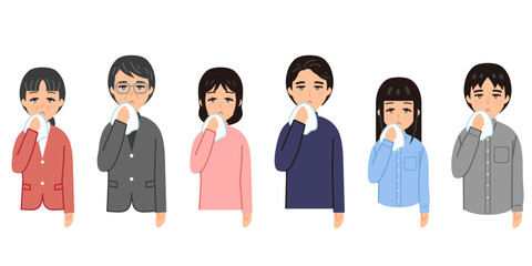 花粉症で辛い人々のイラストセット(私服)