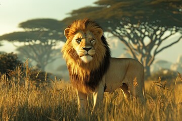 A monochromatic illustration of a lion&rsquo;s face on the left side of the frame