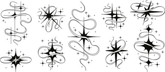 Sparkle stars with wavy magic trails, star shape silhouette with swirly twinkling effect. Minimalist celestial tattoo design, starbursts and swirls, cosmic aesthetic glitter sparkles vector set © Your Local Llamacorn