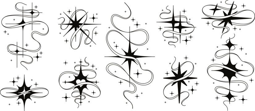 Sparkle stars with wavy magic trails, star shape silhouette with swirly twinkling effect. Minimalist celestial tattoo design, starbursts and swirls, cosmic aesthetic glitter sparkles vector set