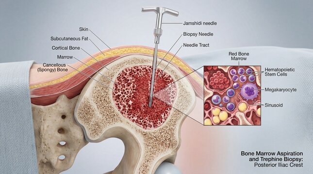 Bone Marrow: Medical illustration of bone marrow aspiration and biopsy procedure on posterior iliac crest.