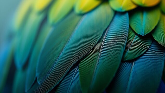 Close-up Macro View of Vibrant Blue and Green Macaw Feathers.