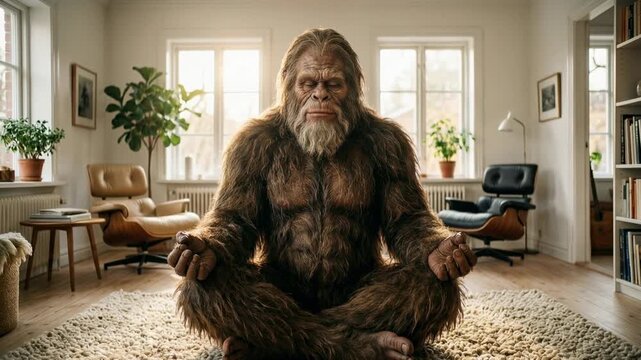 Friendly bigfoot character meditating peacefully inside cozy living room blending wilderness myth with calm domestic mindfulness scene