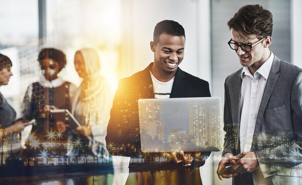 Laptop, review and business people in office with overlay, website or partnership for real estate. Flare, team and discussion in workplace with computer, city double exposure or property development.