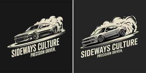 Graphic design featuring a classic sports coupe performing a burnout and emitting thick smoke representing sideways car culture. © Vectyx