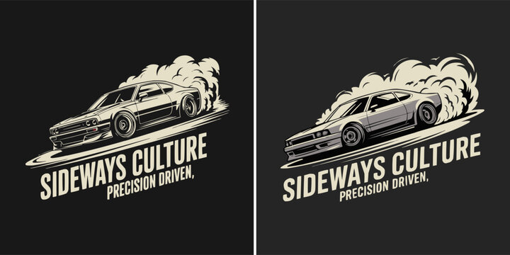 Graphic design featuring a classic sports coupe performing a burnout and emitting thick smoke representing sideways car culture.